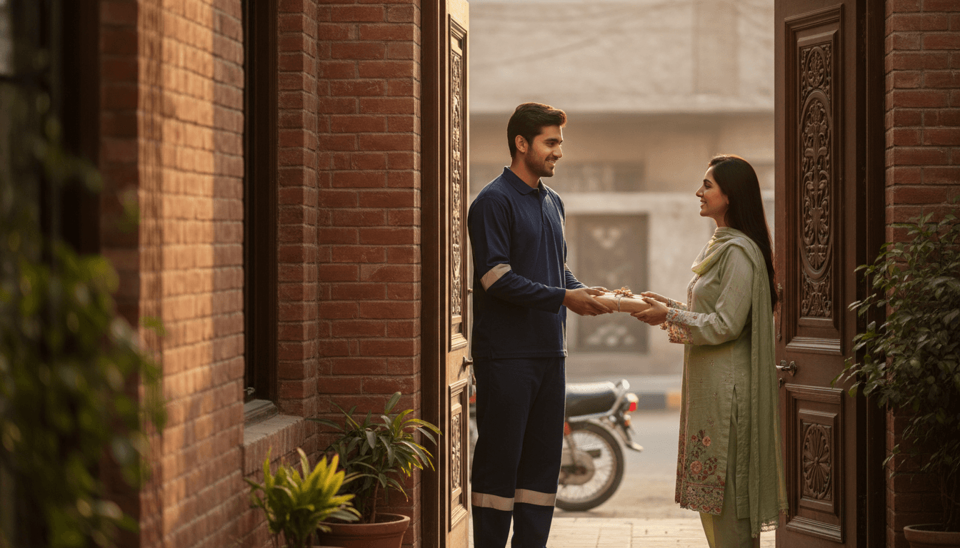 A Bazaar rider handing a parcel to a customer