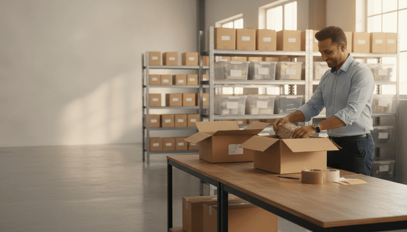 A seller packing orders in their warehouse
